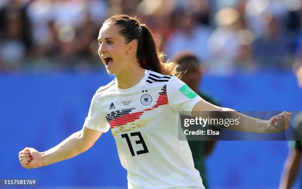 Sara Daebritz of Germany celebrates after scoring her team's second goal during the 2019 FIFA Women's World Cup France Round Of 16 match between...