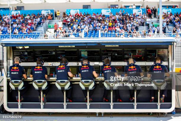 The Red Bull Racing pit wall during qualifying for the F1 Grand Prix of France at Circuit Paul Ricard on June 22, 2019 in Le Castellet, France.