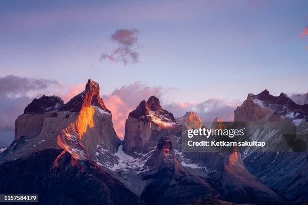 torres del paine mountain range in the morning, patagonia, chile. - torres del paine nationalpark stock-fotos und bilder