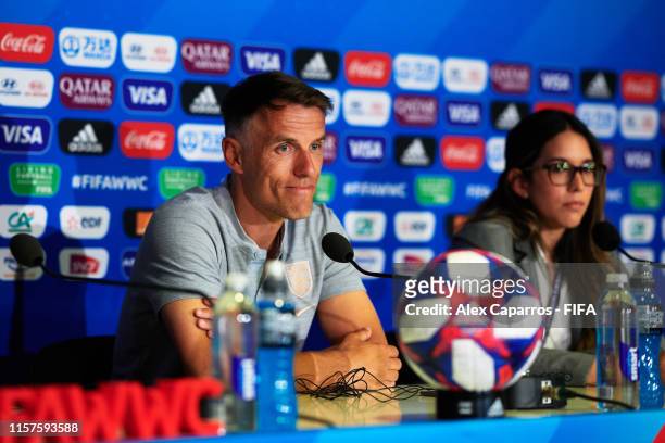 England coach Philip Neville faces the media during a press conference ahead of the 2019 FIFA Women's World Cup France Round Of 16 match between...