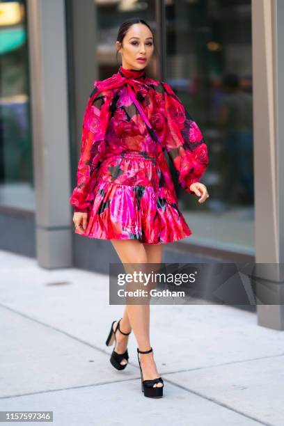 Cara Santana is seen wearing a Blumarine dress with Guisseppe Zanotti shoes and Dana Rebecca jewelry in the Lower East Side on June 22, 2019 in New...