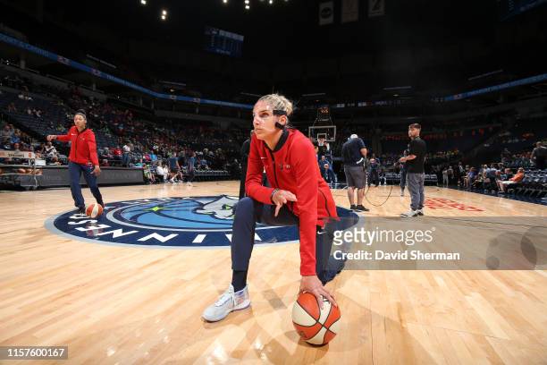 Elena Delle Donne of the Washington Mystics looks on prior to a game against the Minnesota Lynx on July 24, 2019 at the Target Center in Minneapolis,...