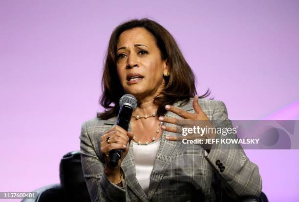 Democratic presidential hopeful Kamala Harris addresses the Presidential Forum at the NAACP's 110th National Convention at Cobo Center on July 24 in...