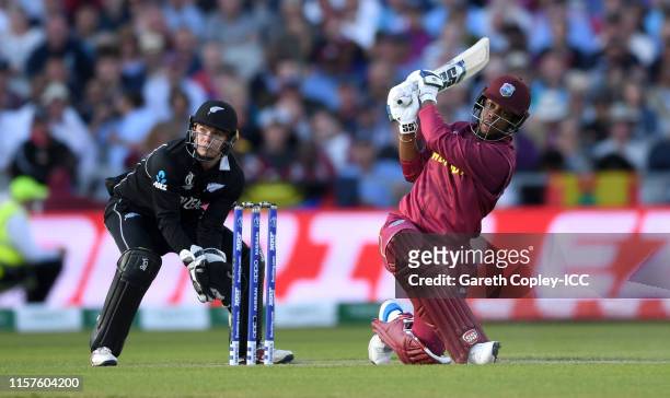 Shimron Hetmyer of the West Indies bats during the Group Stage match of the ICC Cricket World Cup 2019 between West Indies and New Zealand at Old...