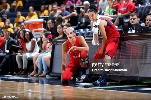 Elena Delle Donne and Kristi Toliver of the Washington Mystics look on during a game against the Minnesota Lynx on July 24, 2019 at the Target Center...