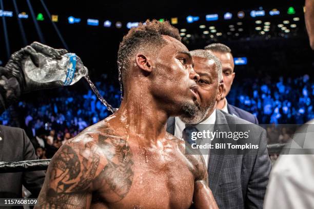 Jermell Charlo defeats Charles Hatley by TKO in the 6th in their WBC Junior Middleweight fight. Charlo is shown here at the end of the fight in...