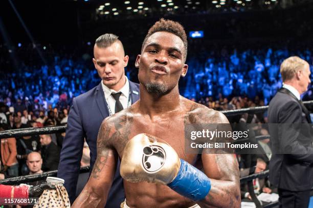 Jermell Charlo defeats Charles Hatley by TKO in the 6th in their WBC Junior Middleweight fight. Charlo is shown here at the end of the fight in...