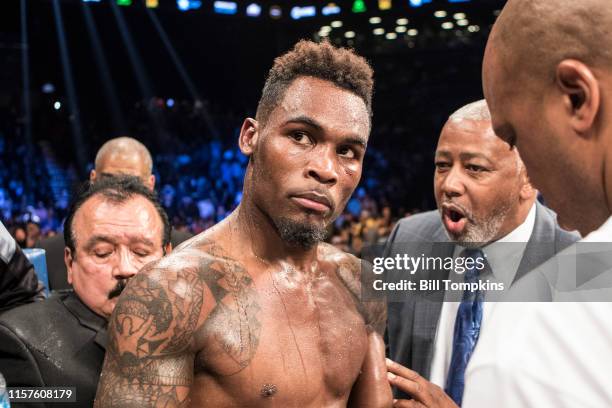 Jermell Charlo defeats Charles Hatley by TKO in the 6th in their WBC Junior Middleweight fight. Charlo is shown here at the end of the fight in...