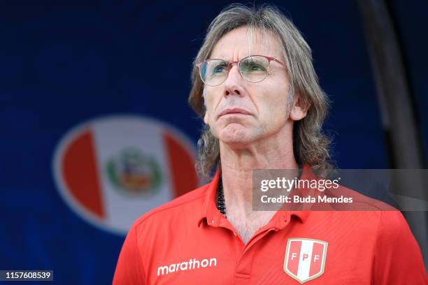 Ricardo Gareca head coach of Peru looks on during the Copa America Brazil 2019 group A match between Peru and Brazil at Arena Corinthians on June 22,...