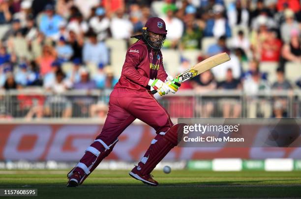 Chris Gayle of West Indies in action batting during the Group Stage match of the ICC Cricket World Cup 2019 between West Indies and New Zealand at...