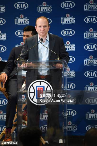 President of Basketball Operations, Lawrence Frank, of the LA Clippers speaks during a press conference at Green Meadows Recreation Center on July...