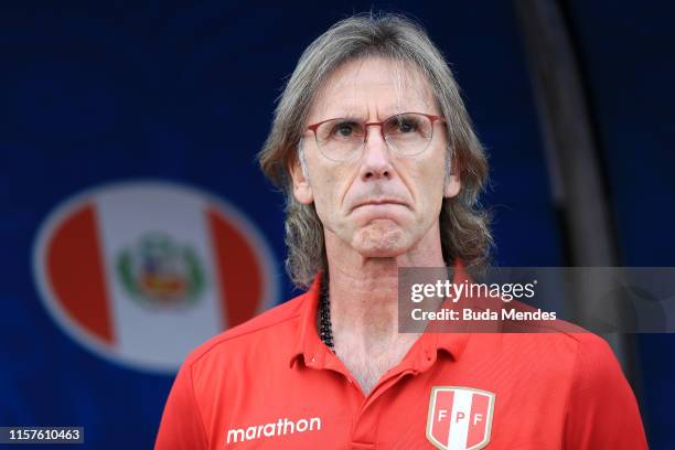 Ricardo Gareca head coach of Peru looks on during the Copa America Brazil 2019 group A match between Peru and Brazil at Arena Corinthians on June 22,...