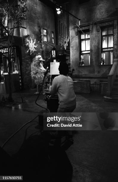 Puppeteer Caroll Spinney performs as 'Big Bird' for an episode of Sesame Street at Reeves TeleTape Studio in March, 1970 in New York City, New York.