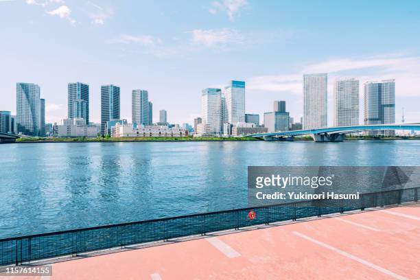 the view of tokyo bay side from toyosu, tokyo - toyosu stock pictures, royalty-free photos & images