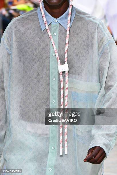 Model walks the runway during the Louis Vuitton Menswear Spring Summer 2020 fashion show as part of Paris Fashion Week on June 20, 2019 in Paris,...