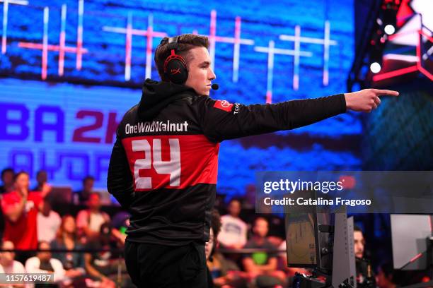 OneWildWalnut of Blazer5 Gaming taunts during the game against Warriors Gaming Squad during the NBA 2K League Playoffs on July 24, 2019 at the NBA 2K...