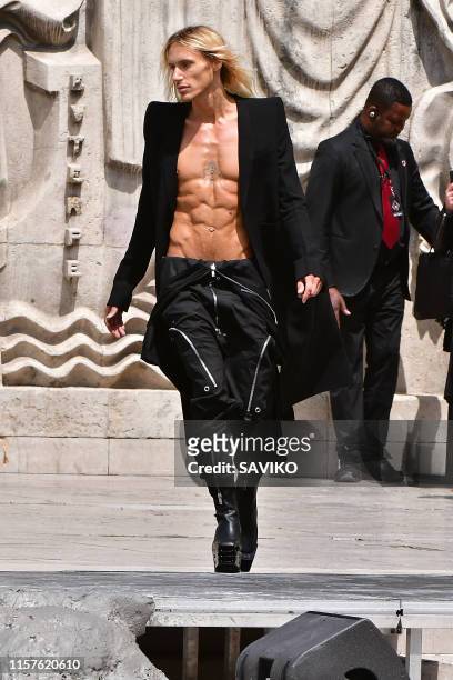 Model walks the runway at the Rick Owens fashion show during Paris Men's Fashion Week Spring/Summer 2020 on June 20, 2019 in Paris, France.