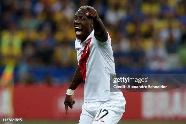 Luis Advincula of Peru reacts during the Copa America Brazil 2019 group A match between Peru and Brazil at Arena Corinthians on June 22, 2019 in Sao...