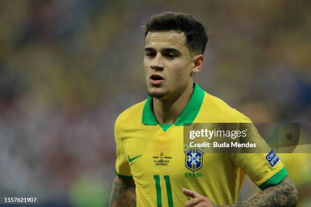 Philippe Coutinho of Brazil in action during the Copa America Brazil 2019 group A match between Peru and Brazil at Arena Corinthians on June 22, 2019...