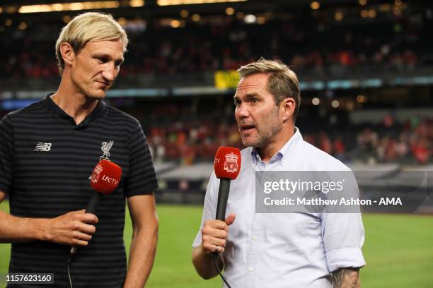 Sami Hyypia and Jason McAteer working for LFC TV during the preseason Friendly match between Sporting CP and Liverpool at Yankee Stadium on July 24,...