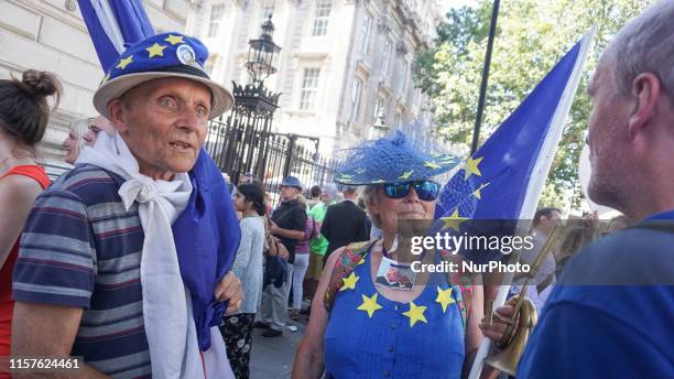 Remain protesters stand outside Downing Street as New Prime Minister Boris Johnson speaks to media on July 24, 2019 in London, England. Boris...