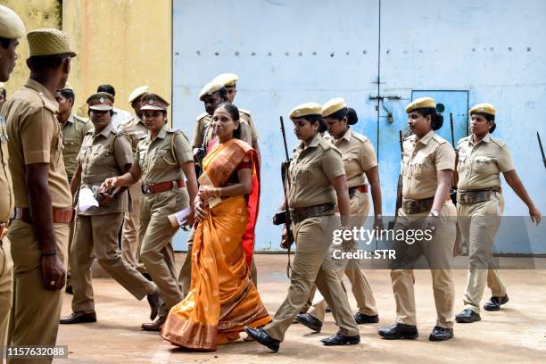 Nalini Sriharan , who was convicted in the assassination case of former prime minister Rajiv Gandhi, is released from the Vellore Central Prison on a...