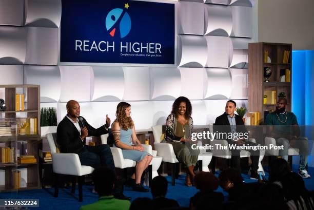Panelists, from left to right are Wes Moore, of Robin Hood, Rachel Scott a Beating the Odds alum and recent graduate of University of Washington,...