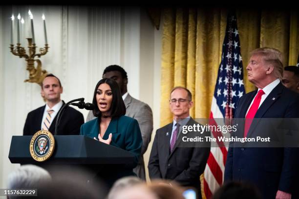 Kim Kardashian speaks with President Donald J. Trump at an event on promoting second chance hiring to ensure Americans have opportunities to succeed...