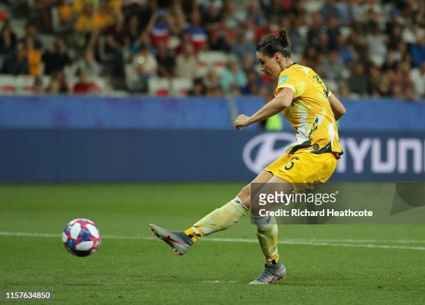 Emily Gielnik of Australia misses her team's second penalty in the penalty shoot out during the 2019 FIFA Women's World Cup France Round Of 16 match...