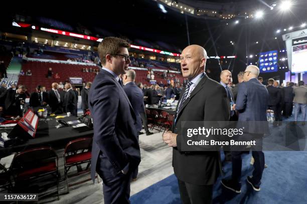 Kyle Dubas of the Toronto Maple Leafs and Jarmo Kekalainen of the Columbus Blue Jackets attend the 2019 NHL Draft at Rogers Arena on June 22, 2019 in...