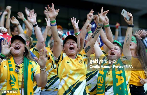 Australia fans enjoy the pre match atmosphere prior to the 2019 FIFA Women's World Cup France Round Of 16 match between Norway and Australia at Stade...
