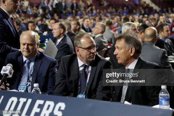 Keith Gretzky and Ken Holland of the Edmonton Oilers attend the 2019 NHL Draft at Rogers Arena on June 22, 2019 in Vancouver, Canada.