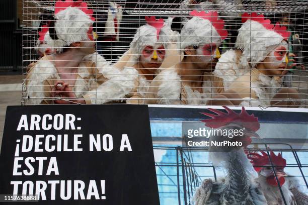 Animal activists protest in Buenos Aires, Argentina, on 24 July 2019, against the use of cages for chickens in the egg production industry in...