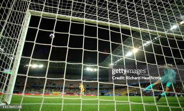 Sam Kerr of Australia misses her team's first penalty in the penalty shoot out during the 2019 FIFA Women's World Cup France Round Of 16 match...