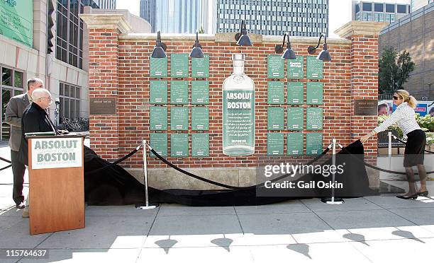 Tim Murphy Eddie Doyle and Stacey Lucchino attend the unveiling for the ABSOLUT Boston Flavor at Boylston Plaza - Prudential Center on August 26,...