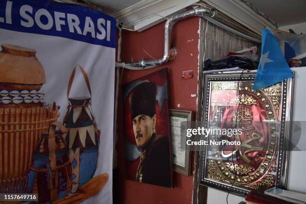 Portrait of Mustafa Kemal Ataturk, modern Turkey's founding president, is seen at a Somali foods restaurant in Ankara, Turkey on July 25, 2019. The...