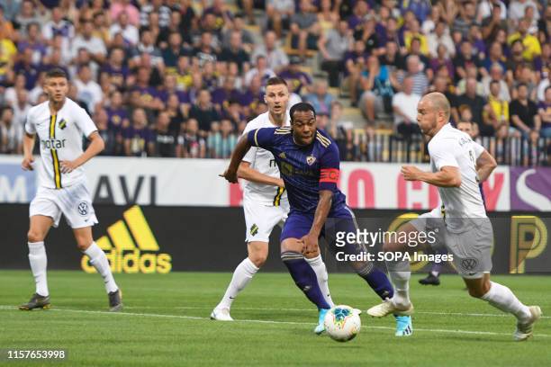 Marcos Tavares of Maribor and Per Karlsson of AIK in action during the Second qualifying round of the UEFA Champions League between NK Maribor and...