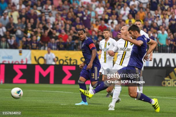 Marcos Tavares and Rok Kronaveter of Maribor in action during the Second qualifying round of the UEFA Champions League between NK Maribor and AIK...