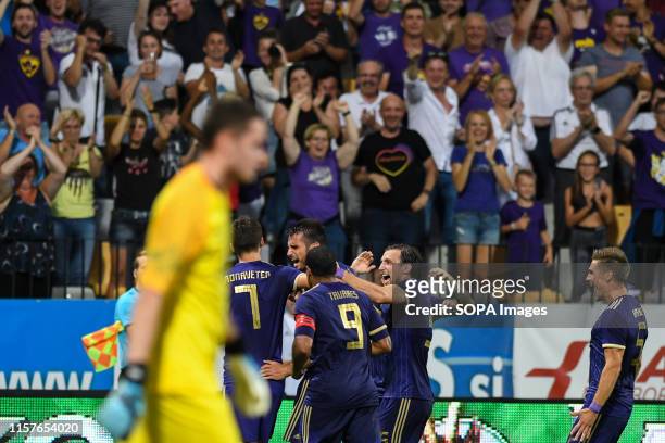 Players of Maribor celebrate a goal during the Second qualifying round of the UEFA Champions League between NK Maribor and AIK Football at the...