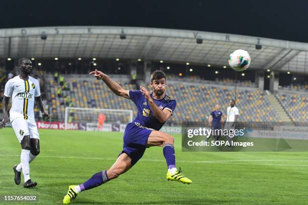 Rok Kronaveter of Maribor in action during the Second qualifying round of the UEFA Champions League between NK Maribor and AIK Football at the...