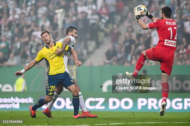 Kamil Wilczek from Brondby IF Blazej Augustyn from Lechia Gdansk and Dusan Kuciak from Lechia Gdansk are seen in action during the UEFA Europa League...