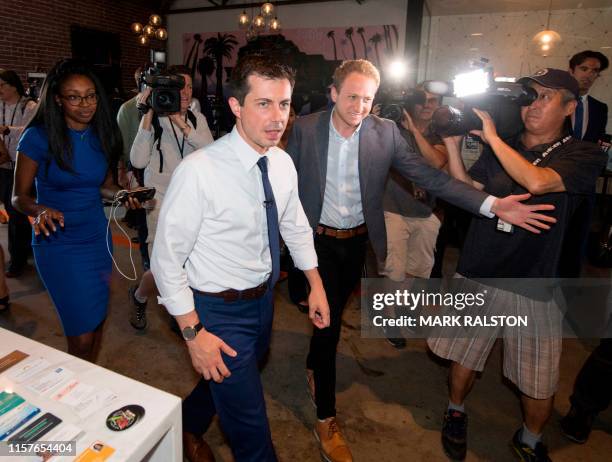 Democratic presidential hopeful and South Bend, Indiana mayor Pete Buttigieg leaves after his tour of the Vector 90 headquarters in South Central Los...