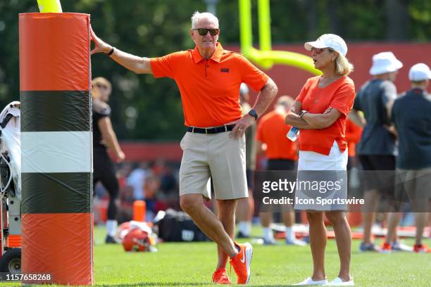 Cleveland Browns owners Jimmy and Dee Haslam watch drills during the Cleveland Browns Training Camp on July 25 at the at the Cleveland Browns...
