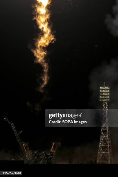 The Soyuz-FG rocket booster with Soyuz MS-13 spaceship carrying an Expedition 60 to the International Space Station, ISS, blasts off at the Russian...