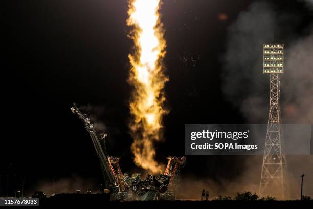 The Soyuz-FG rocket booster with Soyuz MS-13 spaceship carrying an Expedition 60 to the International Space Station, ISS, blasts off at the Russian...