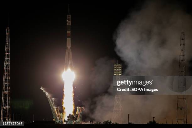The Soyuz-FG rocket booster with Soyuz MS-13 spaceship carrying an Expedition 60 to the International Space Station, ISS, blasts off at the Russian...
