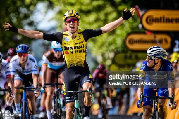 Belgian Wout Van Aert of Team Jumbo-Visma and Italian Elia Viviani of Deceuninck - Quick-Step pictured during the arrival of the tenth stage of the...
