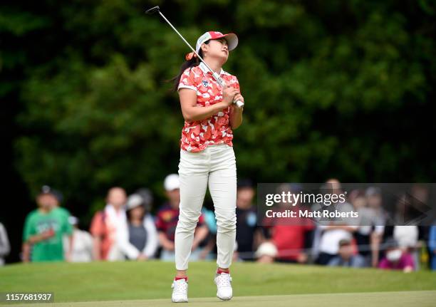 Yui Kawamoto of Japan reacts after missing a putt on the 5th green during the final round of the Nichirei Ladies at Sodegaura Country Club Shinsode...