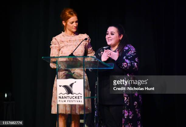 Actors Brittany Snow and Nikki Blonsky speak onstage at the Screenwriters Tribute at Sconset Casino during the 2019 Nantucket Film Festival - Day...