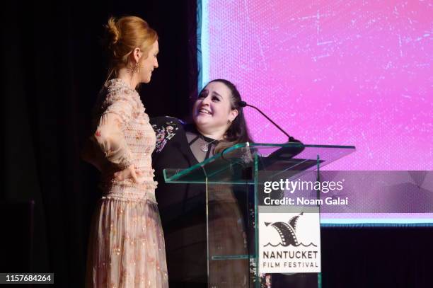 Actors Brittany Snow and Nikki Blonsky speak onstage at the Screenwriters Tribute at Sconset Casino during the 2019 Nantucket Film Festival - Day...